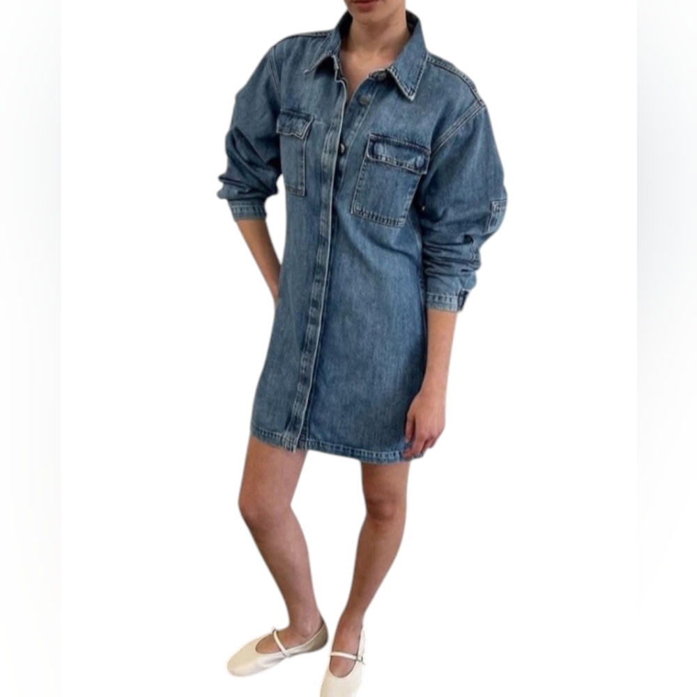 ETICA Size Small Wilton Castaway Blue Denim Boxy Relaxed-Fit Utility Shirt Dress